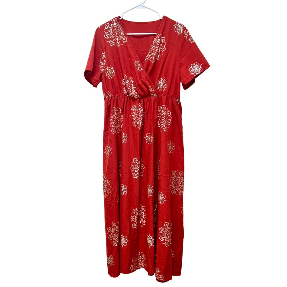 SHEIN Curve Rust Gold Mandala Print Wrap V-Neck Maxi Dress 0XL‎ Plus Boho Resort